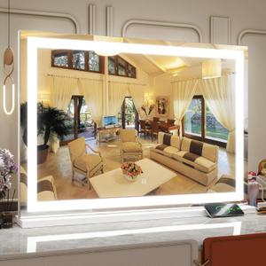 ROLOVE Vanity Mirror with Lights, 32" x 22" Large Lighted Vanity Mirror with Dimmable 3 Modes, LED Makeup Mirror, USB Charging Port, Tabletop or Wall-Mounted Square White