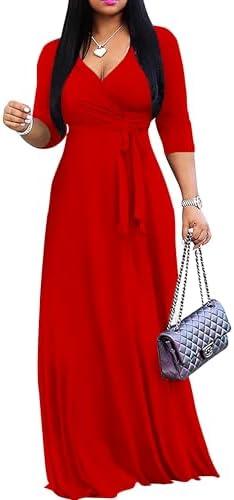 Mrskoala Women Plus Size Long Maxi Wrap Dresses Summer Sundress V-Neck 3/4 Sleeve. 2XL Red