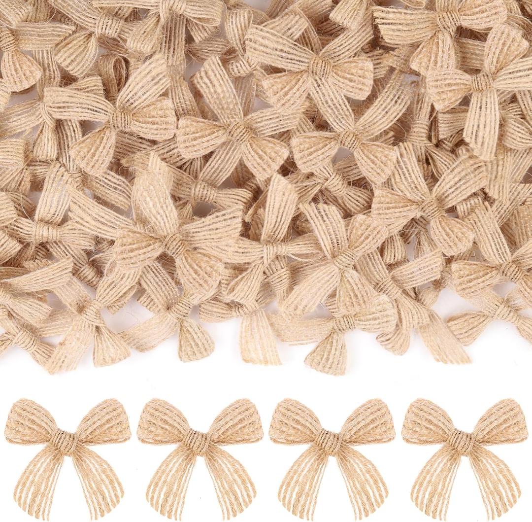 JOICEE 120 Pcs Christmas Mini Burlap Bows, Small Burlap Ribbon Bows Linen Bows DIY Craft Farmhouse Home Decoration for Home Xmas Trees Gifts Sewing Decor