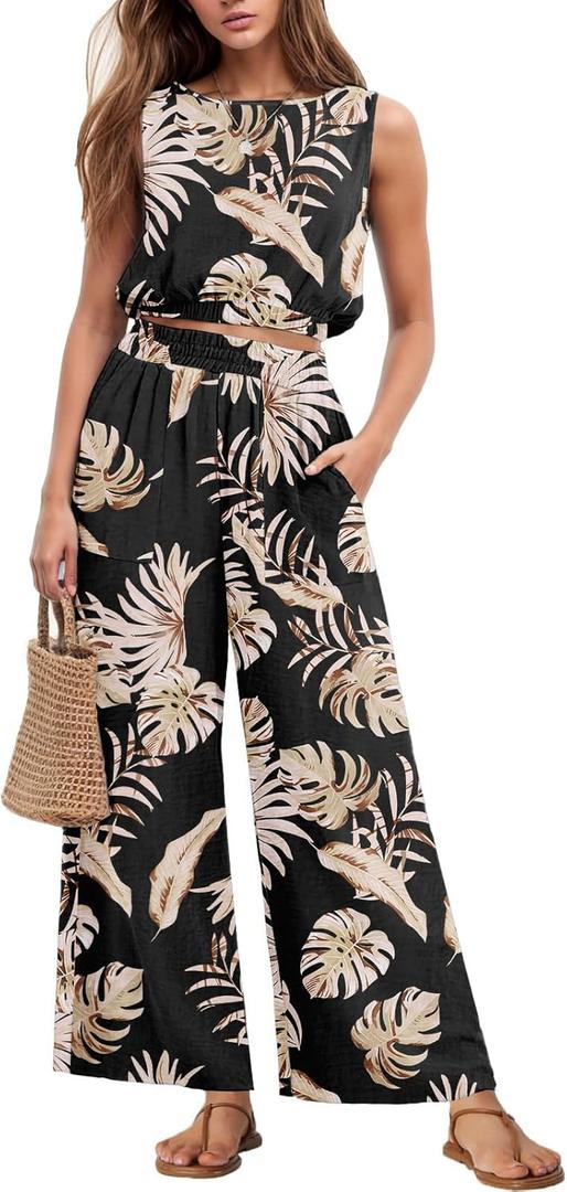 GRECERELLE Two Piece Sets for Women Sleeveless Crop Top Wide Leg Pants Sweat Set for Women Tracksuits 2026 Summer (Small, Black Palm Leaf)