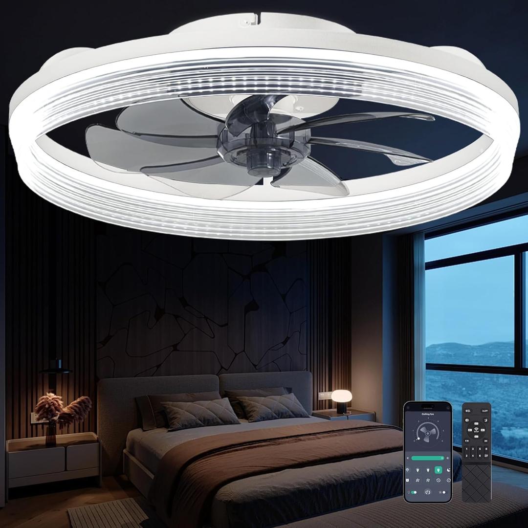 Ceiling Fans with Lights and Remote Fandelier - 20'' White Flush Mount Low Profile Modern Ceiling Fans for Bedroom - Stepless Color Temperature and 6 Speeds