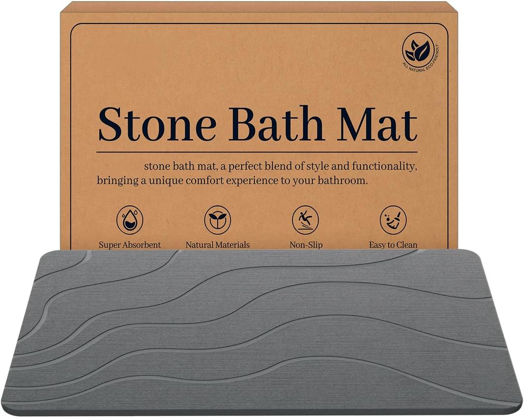 Stone Bath Mat Diatomaceous Earth Non-Slip Shower Mat Super Absorbent Grey, 24" x 16"