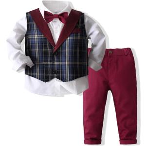 Kimocat Baby Boys Gentleman Bowtie Formal Outfit Suits Tuxedo Vest Wedding Party Suit (4T, Red)