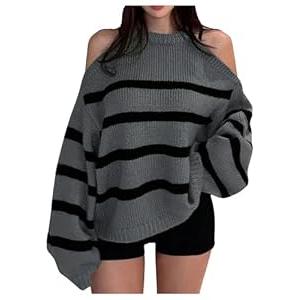 Verdusa Women's Cold Shoulder Crew Neck Sweater Oversized Striped Pullover Sweaters Streetwear Knit Tops Grey and Black X-Small