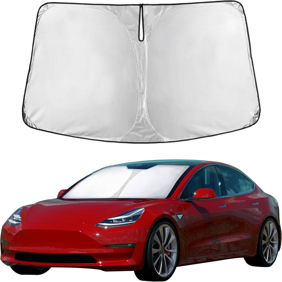 EcoNour Windshield Sun Shade Compatible for Tesla Model 3 & Model Y 20172026 | Custom Fit EV Front Window Sunshade | Foldable Heat & UV Reflective Sun Visor