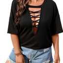 WDIRARA Women's Plus Size Cut Out Criss Cross Tee Butterfly Patched Back Drop Shoulder Half Sleeve Sexy Tops, Size: X-Large Plus (Black)