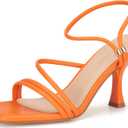Women's Strappy Kitten Heels Square Open Toe Sandals Party Wedding Ankle Strap Shoes (5.5, Orange)