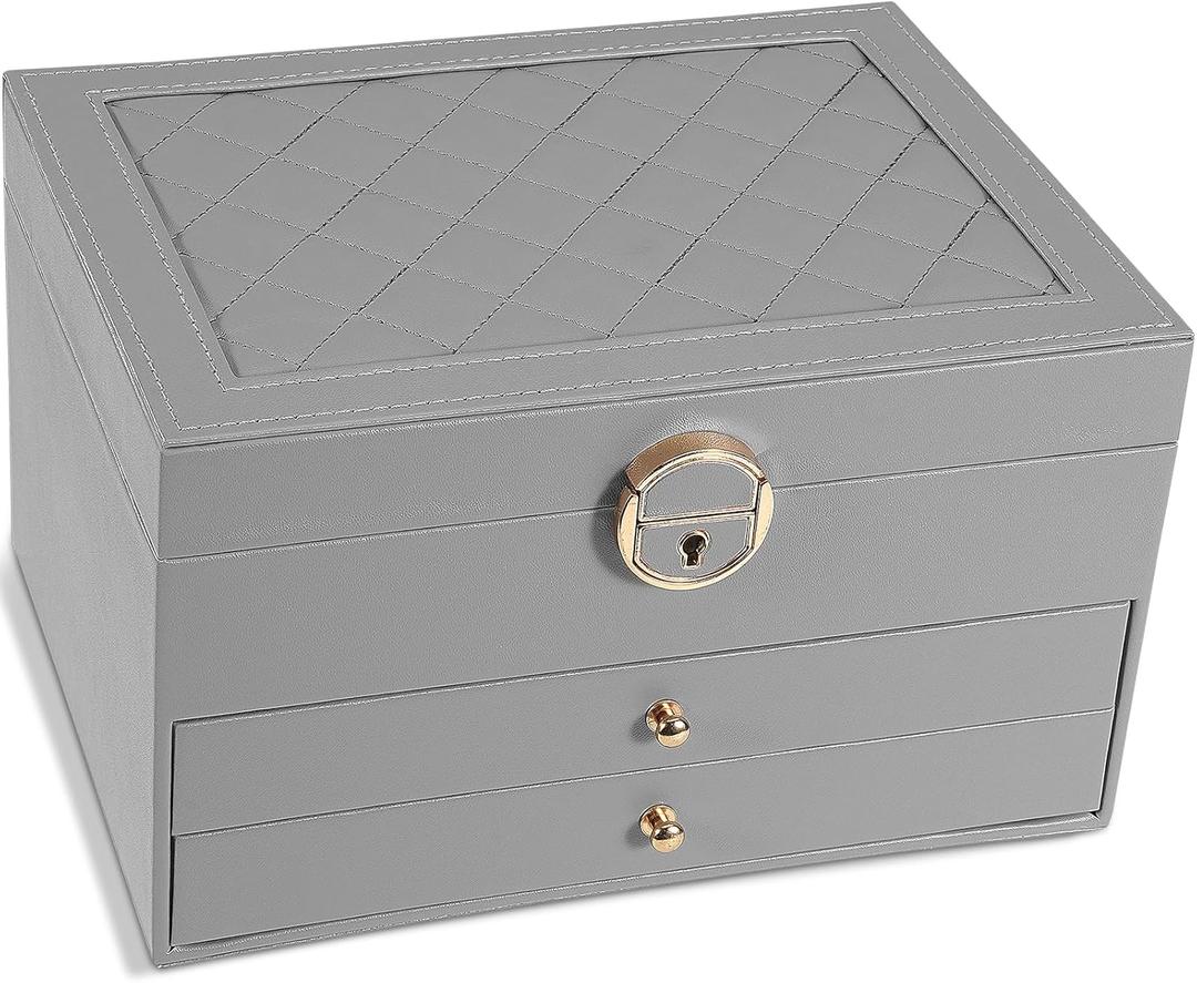 Jewelry Box for Women Girl Wife 3 Layers Large PU Leather Jewelry Organizer Storage Case with Two drawers Display for Earrings Bracelets Rings Watches (Grey)