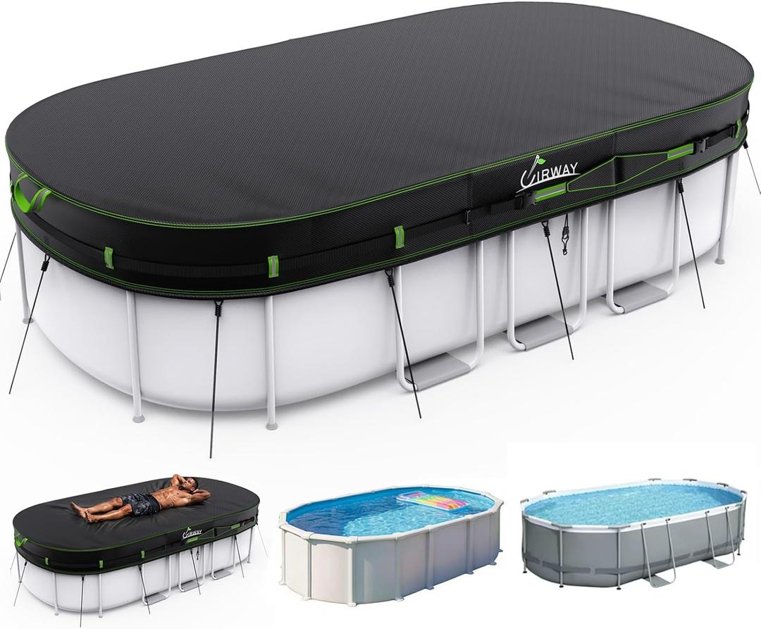 UIRWAY 500D Pool Cover 12x21FT Oval [2026 Upgraded Heavy Duty Fabric] Solar Pool Covers for Above Ground Pools, Swimming Pool Covers Including Windproof Straps and Luminous Ground, UV Resistant