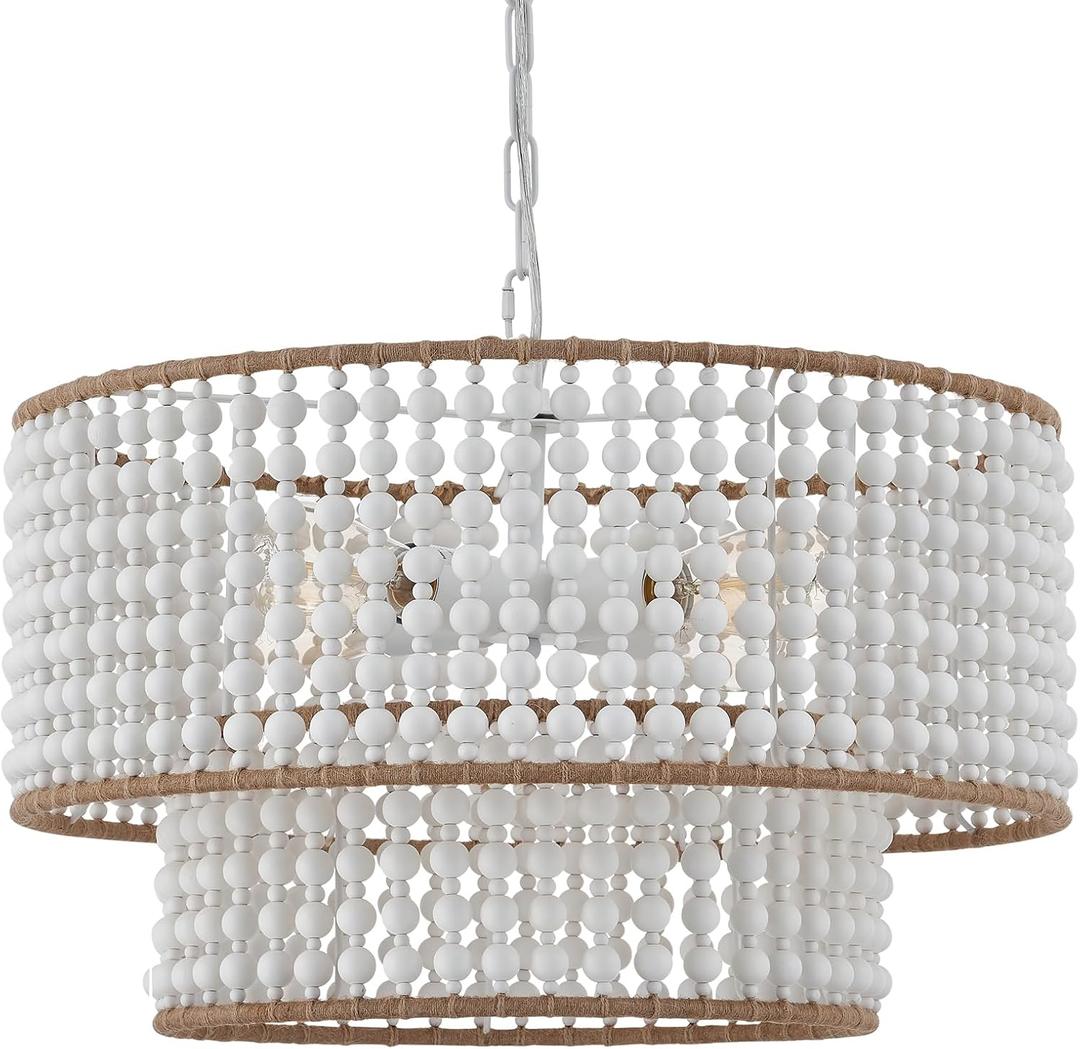Dia 22 Inch Boho Wood Bead Chandelier Farmhouse, Bohemia Dining Room Light Fixture Over Table, White Bead Pendant Chandelier for Bedroom Kitchen Hallway Entryway Nursery Living Room Foyer