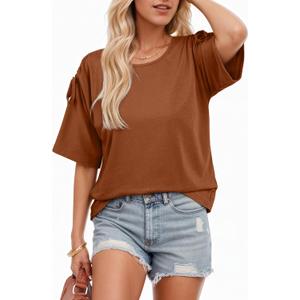 Dokotoo Women's Casual Summer Tops Crew Neck Short Sleeve Drawstring T Shirts Basic Tee Tunic Blouses (Brown, XXL)