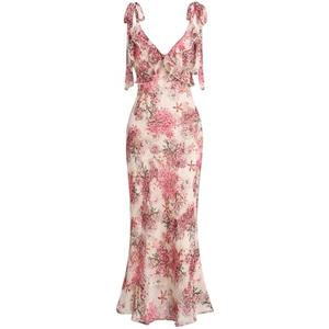 RIHOAS Women's Tie-Strap Layered Ruffle Floral Midi Sundress - Elegant Semi-Formal Dress for Bridesmaid, Wedding Guest & Party| Pink Spring Summer - XS