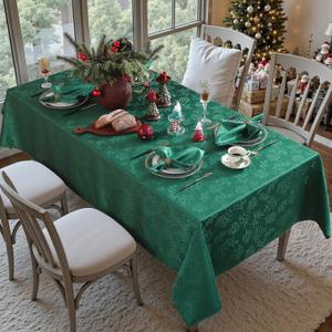 Honellaty Christmas Rectangular Tablecloth, Spillproof Wrinkle Resistant Jacquard Table Cloth with Christmas Mistletoe Patterns for Dining Room & Holiday Decoration (Green,60" x 102" (8-10 Seats))