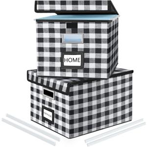Huolewa Decorative Collapsible File Storage Organizer Boxes with Lids, Hanging Filing & Storage Boxes for Office/Decor/Home, Filing System for File and Folders Storag - (Black & White Lattice)