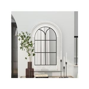 36x24 inches Wooden White Arch Window Mirror with Grid Frame, Decorative Arched Vanity Wall Mirrors for Bedroom Dresser, Bathroom, Living Room, or Entryway Decor