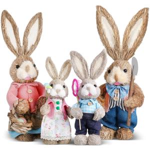 Wesiti Set of 4 Easter Straw Bunny Family Figurine Decorations, 13.8" 9.8" Standing Straw Rabbit Statue, Easter Rabbits Tabletop Statues for Spring Office Kitchen Farmhouse Home Decor