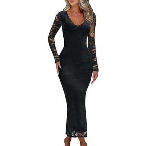 Ekaliy Women Bodycon Maxi Dress 2025 Fall Floral Lace Elegant Flare Sleeve Fitted Formal Wedding Guest Cocktail Dresses. Size Small