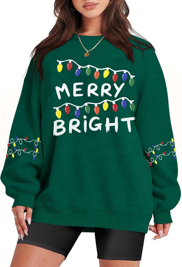 Oversized Christmas Sweatshirt Women Merry and Bright Shirt Christmas Tree Lights Sweatshirts Xmas Holiday Pullover Tops (Green, M)