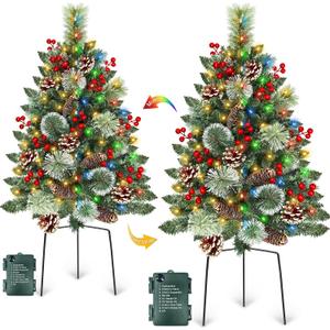 Outdoor Christmas Tree 2 Pack 33" Christmas Urn Filler with 50 Warm&Colorful Lights, Artificial Xmas Tree 8 Modes Timer,Mixed Tips Pinecones Red Berries Battery Operated for Pathway Yard Porch Planter