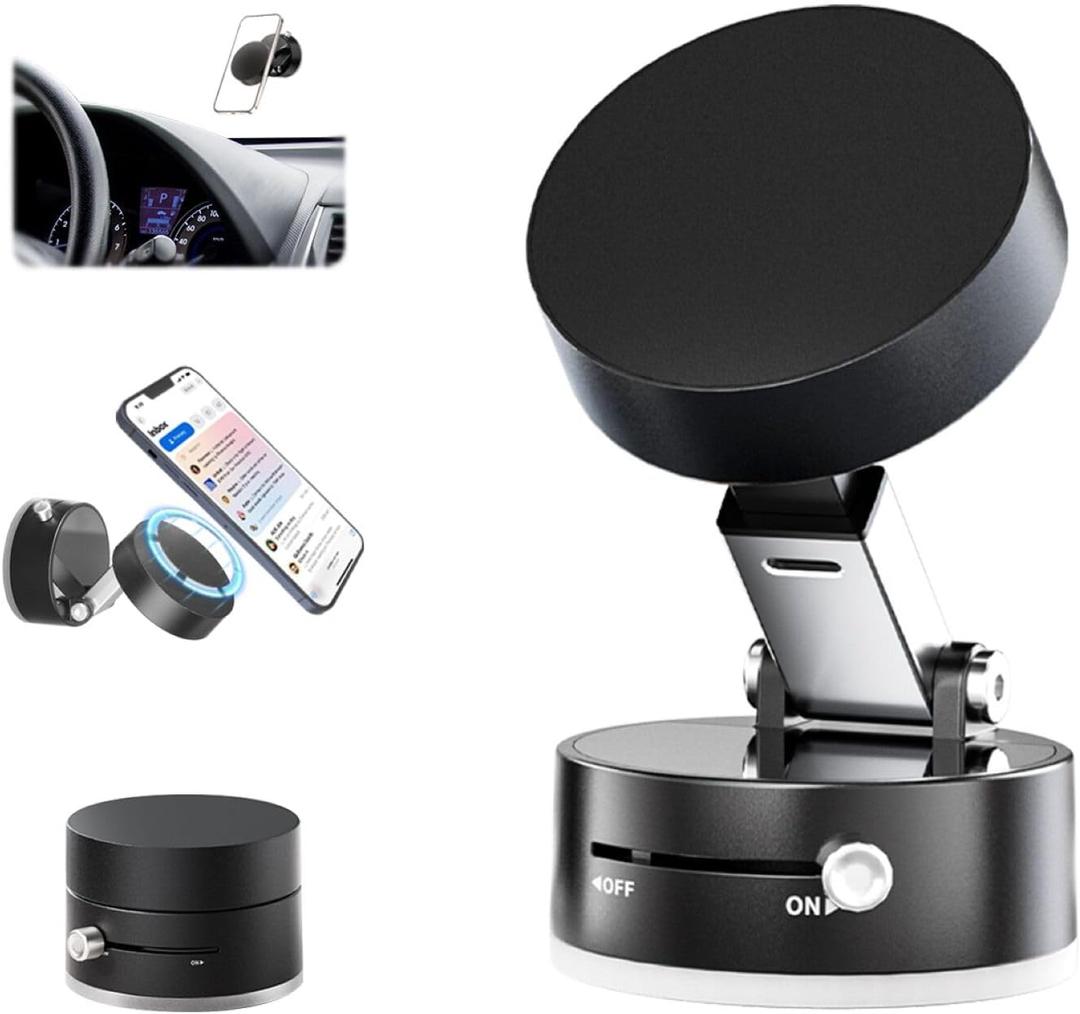 SEVENKA Vacuum Magnetic Phone Holder Compatible with iPhone 16 15 14 13 12, Samsung, All Phone, Small Universal Foldable Magnetic Phone Stand Car Mount with Windshield Suction Cup, Metal Ring, (Black)