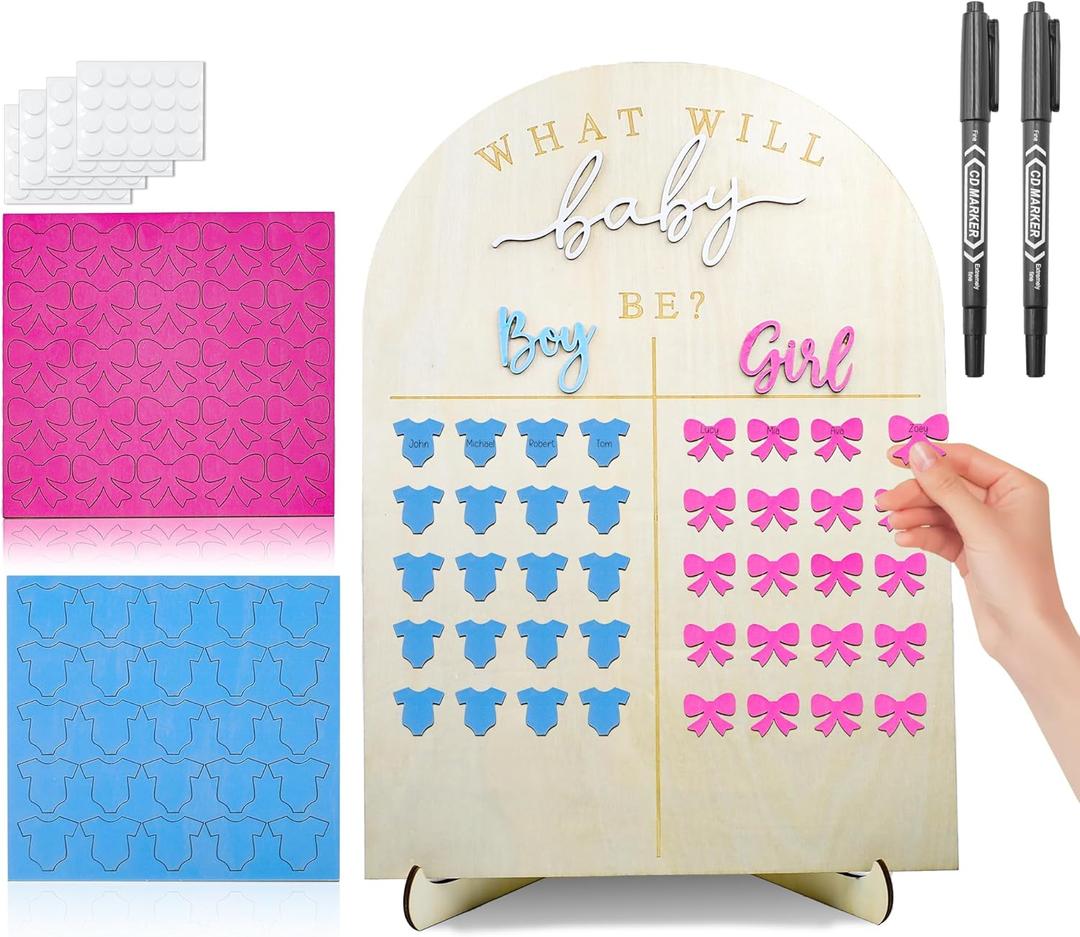Wooden Baby Gender Reveal Voting Board with Stand, Gender Guessing Game Board with Girl or Boy Voting Stickers for Gender Reveal Party 2 Pens Included)