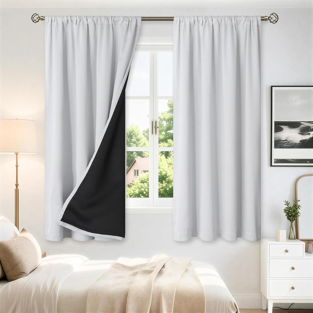 2 x BGment Greyish White Thermal Insulated Blackout Curtains for Bedroom, 100% Black Out Curtains Noise Reduce Light Blocking Winter Curtains, Each Panel 52 x 63 Inch