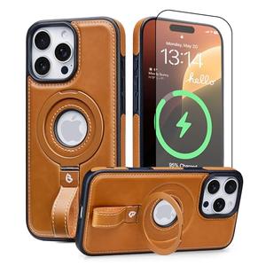 BUTAIGA for iPhone 16 Pro Leather Case with Stand, Anti-Slip Grip Ring, Fits for MagSafe (Brown, IP 16 Pro-6.3inch)