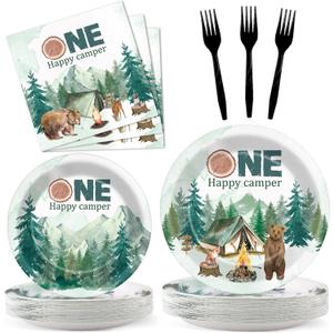One Happy Camper Party Plates Napkins Happy Camper Party Paper Plates Camping 1st Birthday Party Disposable Dinnerware for Camping Theme Happy Camper Party Supplies Serve 24