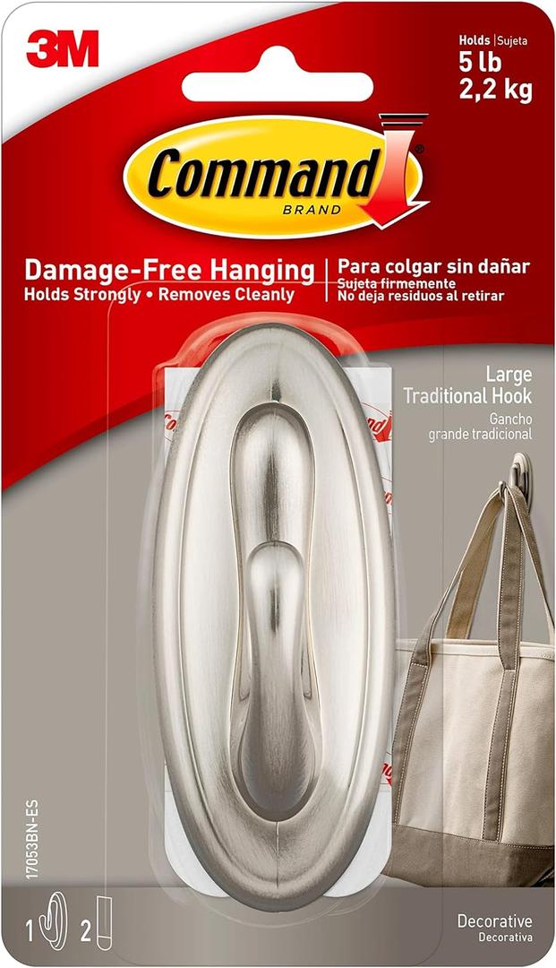 3M Command 17053BN Traditional Plastic Hook, Large, Brushed Nickel