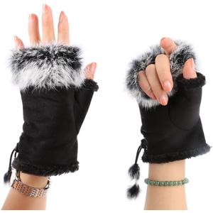 ITODA Suede Women Fingerless Gloves Faux Fur Warm Wrist Half Finger Driving Texting Winter Fuzzy Cold Weather Warmer Mitten (Black)