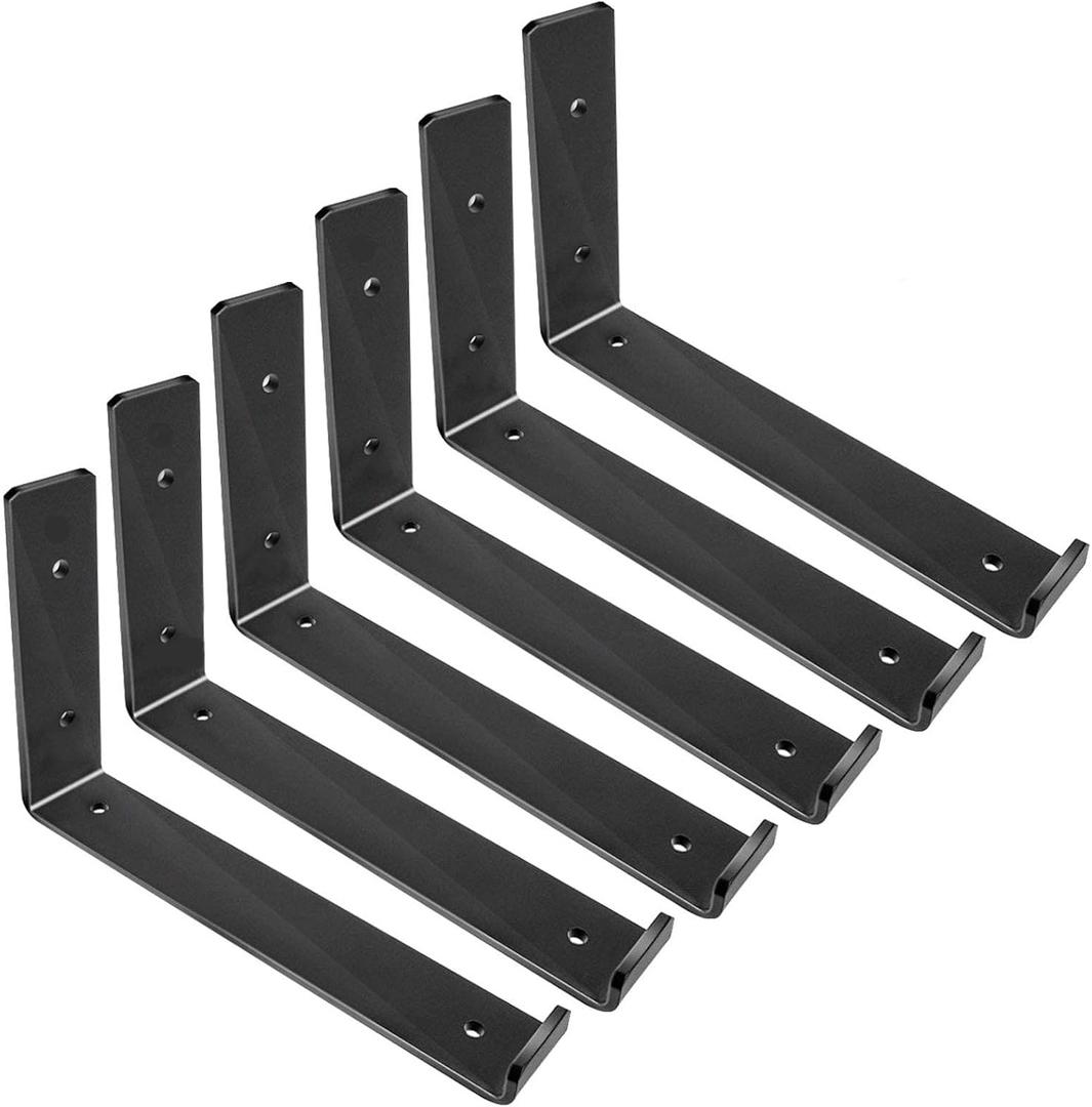 Shelf Brackets 10 Inch, Heavy Duty Black Metal Floating Shelf Bracket, Rustic Farmhouse Decorative Iron L Bracket with Lip/Hook, J Brackets Wall Angel Corner Brace for Wood Shelves - 6 Pack (6 Pcs 9.5"L x 6"H)