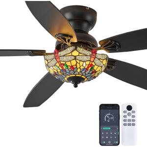 Tiffany Ceiling Fans with Lights - 52" Ceiling Fan Chandelier with 5 Dual-Blades and Glass Shade, 6 Speeds and Reversible, Indoor and Outdoor, Retro Style