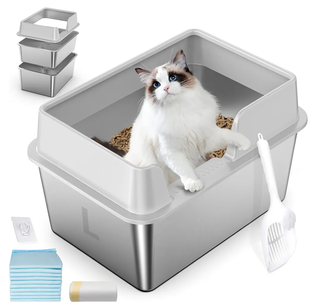 Stainless Steel Cat Litter Box with Lid, L High Sided Metal Sifting Litter Box for Pine Pellets, Enclosed Sifting Box for Small Cats, Anti-Leakage, Easy Clean, Include Scoop, Liner, Pee Pad and Hook