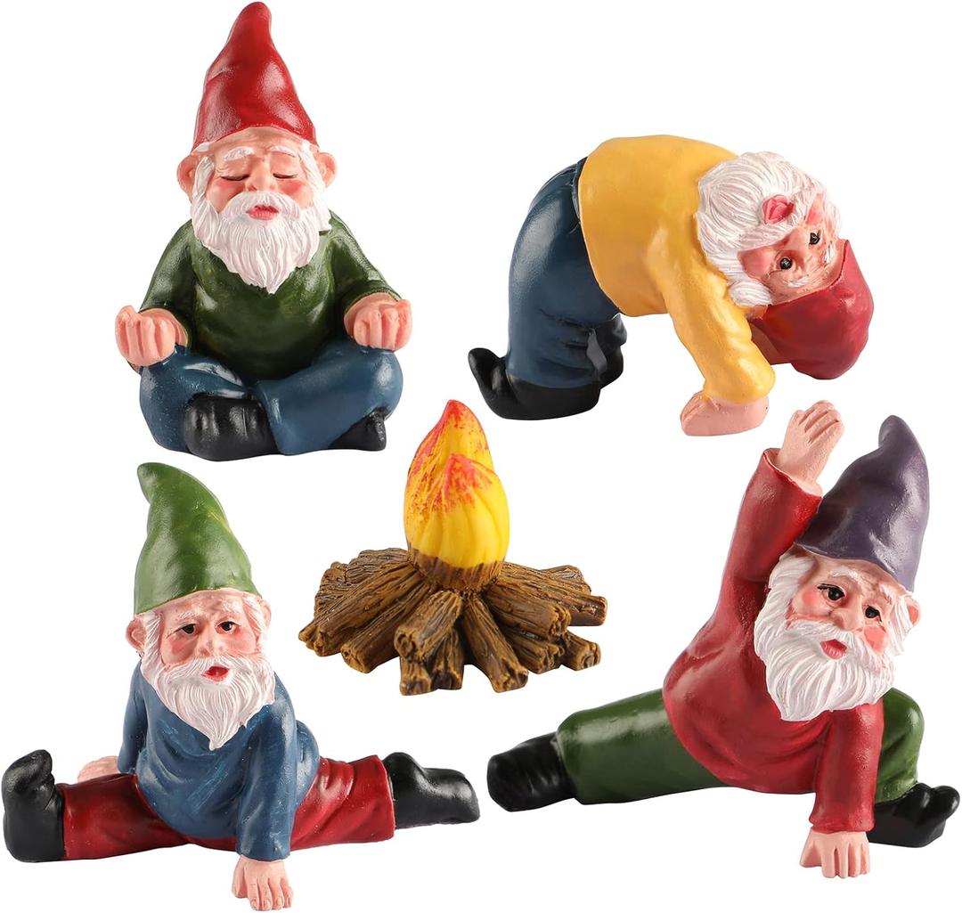 Miniature Garden Gnomes Ornament Outdoor, Resin Elf Statue, Funny Gnome Fairy Garden Accessories for Patio, Yard, Lawn or Home Garden Decorations, (5PK Yoga Theme)