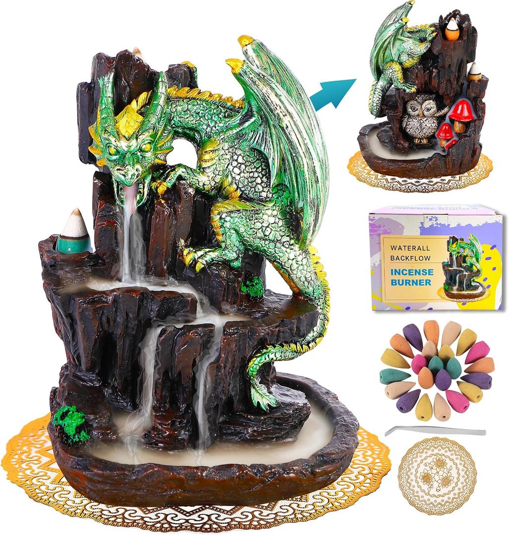 Dragon Backflow 2 Sided Mountain Waterfall Incense Burner, Fountain Smoke Incense Holder with Backflow Incense Cones, Tweezers, MatResin Aromatherapy Meditation (Green)