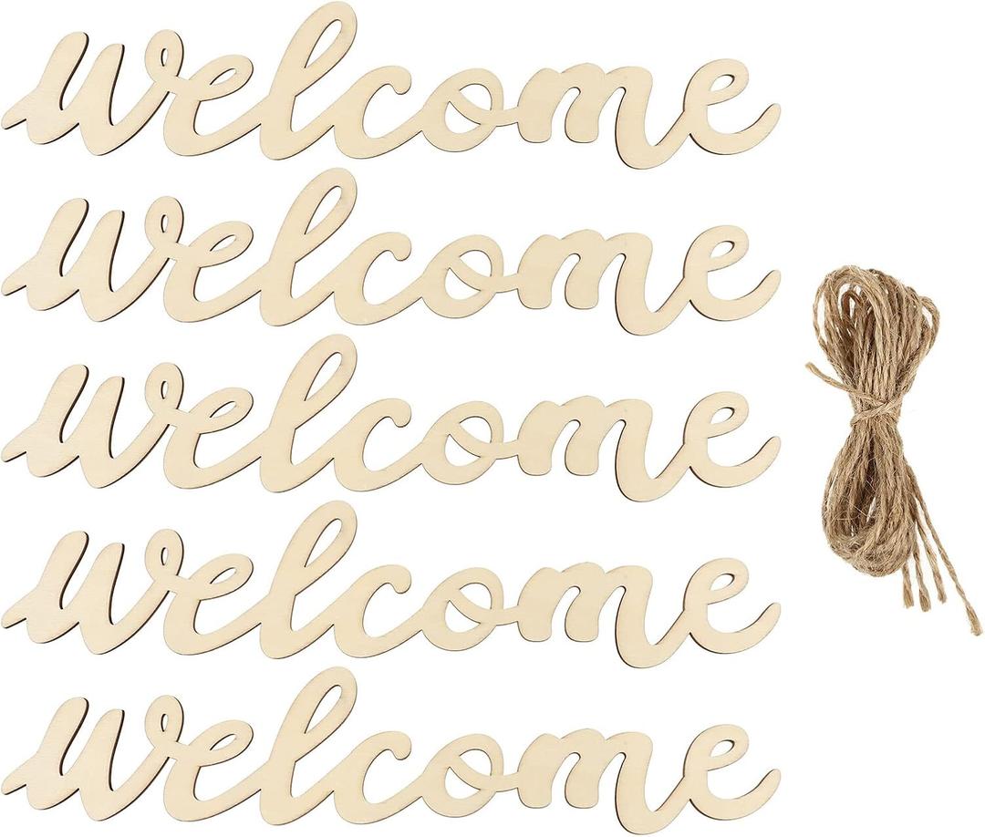 4 x NUOBESTY Wooden Welcome Sign 14.5 Inch Front Door Hanging Plaque with Rope Cursive Wood Letters Home Wall Decor for Porch Entryway Greeting