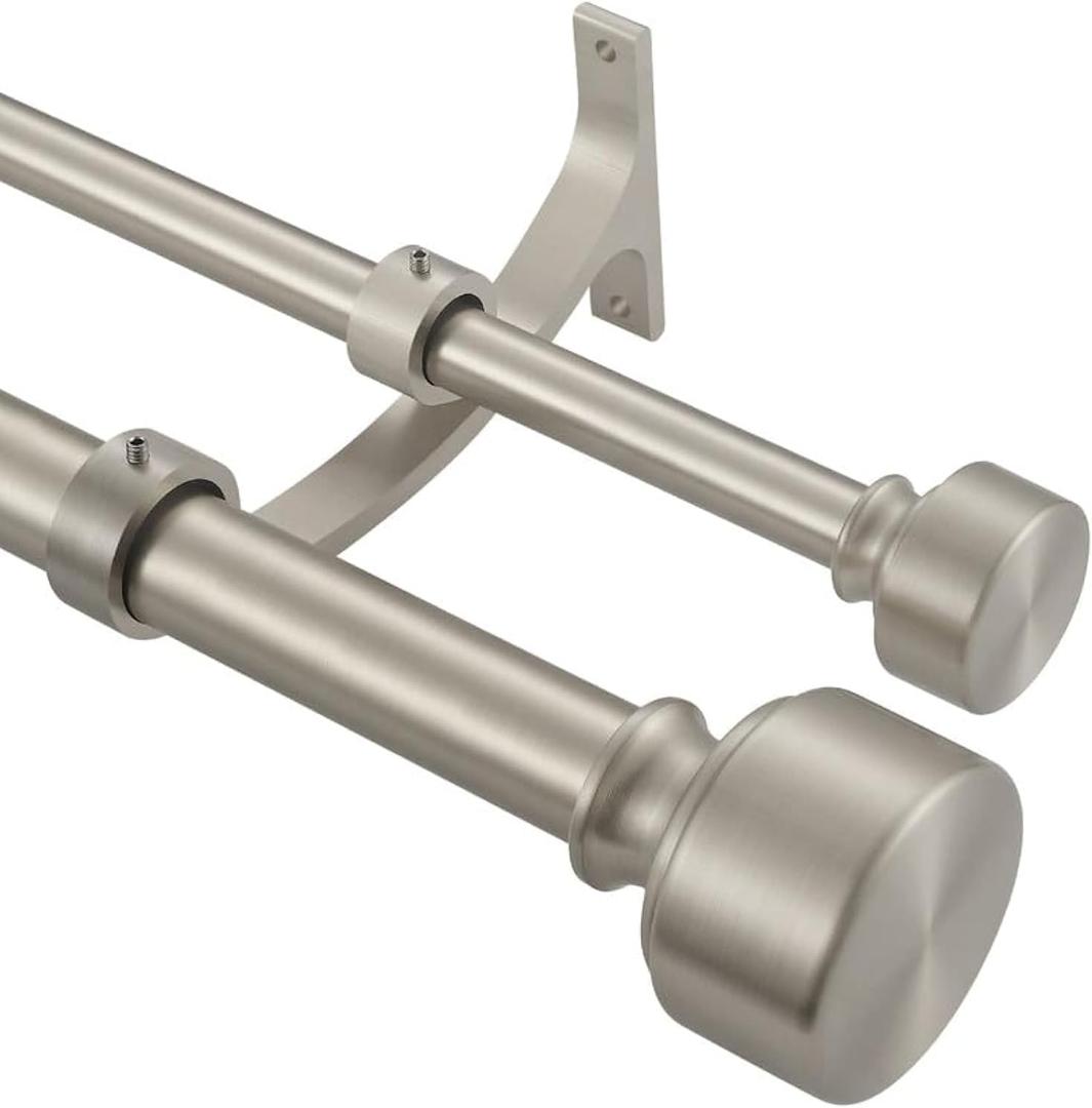 Brushed Nickel Double Curtain Rods, 28-48 Inch, Adjustable, Heavy Duty, Modern End Cap