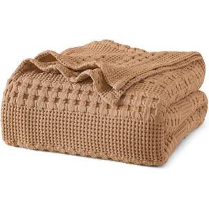 PHF 100% Cotton Waffle Weave Blanket Queen Size, Soft Lightweight Breathable Cozy Summer Blankets for Bed, Luxury Aesthetic Woven Bedding for Home Decor, 90"x90", Camel (Queen (90"x90"))