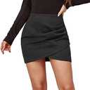 Mingnos Womens High Wasited Zipper Closure Ruched Cross Irregular Faux Suede Mini Skirt, Size Large, Black 