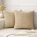 MIULEE Pack of 2 Corduroy Decorative Euro Sham Throw Pillow Covers 22x22 Inch Soft Boho Striped Pillow Covers Modern Farmhouse Home Decor for Sofa Living Room Couch Bed Tan