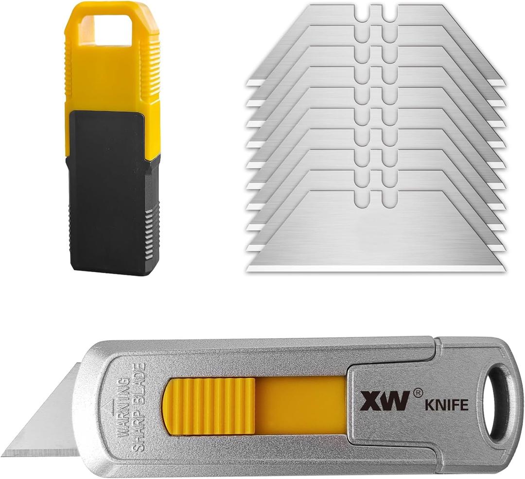 XW Mini Safety Utility Knife Compact Auto Retractable Box Cutter with Safety Lock, Extra 10 PCS Utility Blades Included