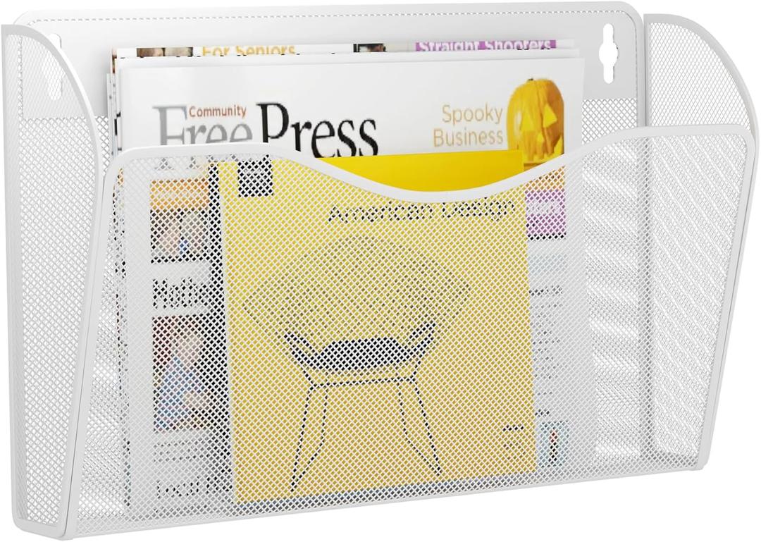 GDINDINFAN Single Pocket Wall File Holder, Mesh Hanging File Folder Paper Organizer, Vertical Wall Mounted Mail Basket, Storage Organization Magazine Rack for Office, Home and School, White