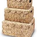 LUSYDECO Set of 3 Scalloped Edge Wicker Basket with Lid, Rectangle Wicker Storage Basket with Built-in Handles, Multipurpose Organizer Rattan Display Boxes for Shelf, Nursery Room