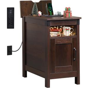 WLIVE End Table with Charging Station, Narrow Side Table for Living Room, Farmhouse Night Stand with Storage, Small Wooden Nightstand with USB Ports and Outlets for Living Room and Bedroom, Brown (Espresso)