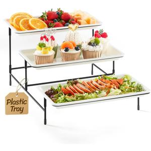 Lifewit 3 Tier Serving Tray, 30 x 17 cm/12 x 6.5" White Plastic Tiered Food Serving Platters, Tiered Tray Stand for Party with Black Collapsible Metal Stand, Dessert Display Stand for Cookies/Crackers
