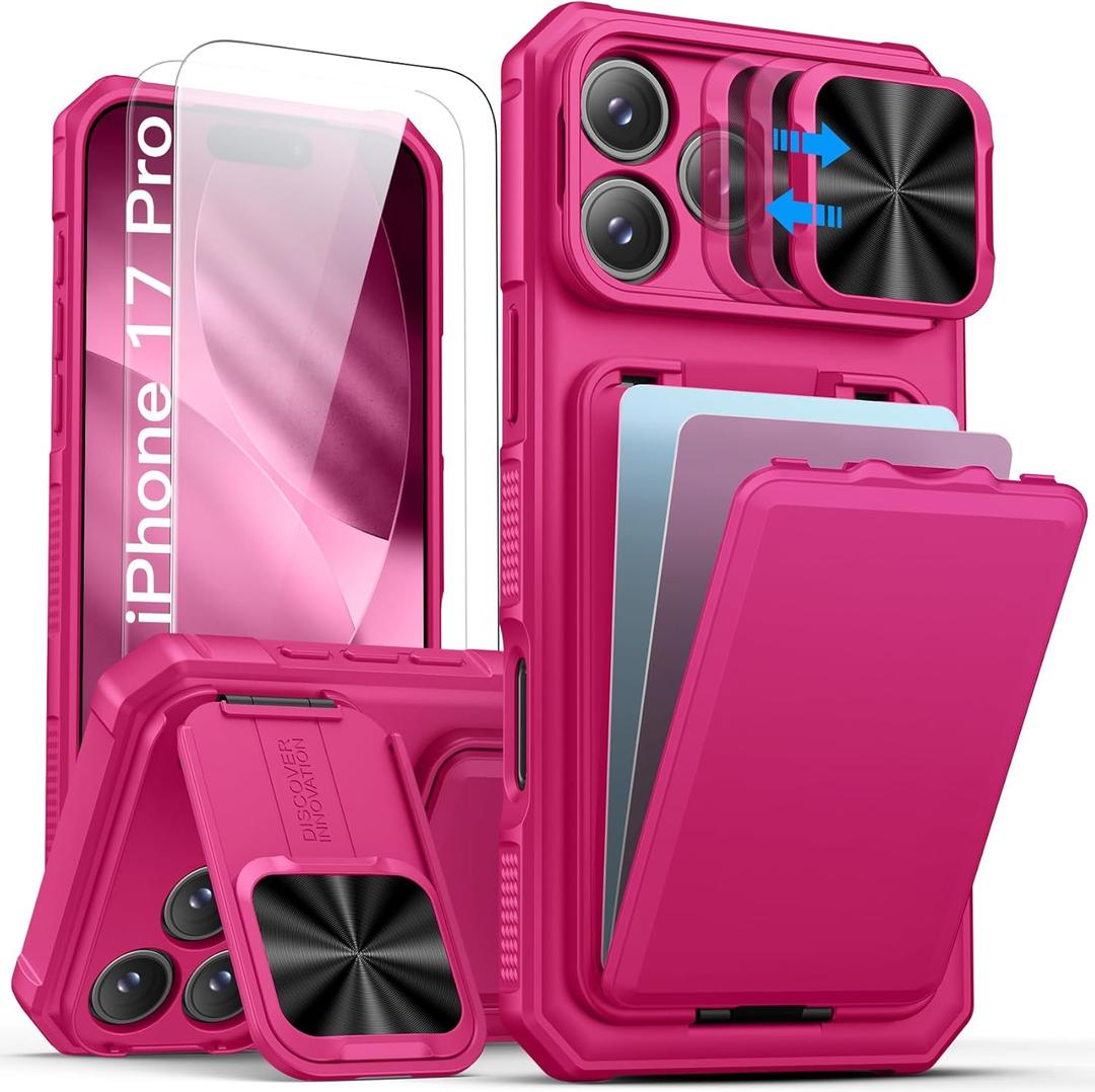 SSLOTSCASE for iPhone 17 Pro Case with 2X Screen Protector, [9H Hardness] Military Grade Shatterproof, Card Holder & Kickstand & Slide Lens Cover, Heavy Duty Phone Case for iPhone 17 Pro 6.3'', Pink