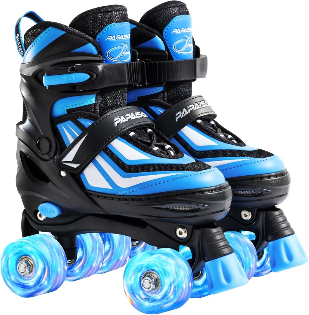 PAPAISON Kids Roller Skates for Boys Girls, 4 Size Adjustable Rollerskates with Light Up Wheels for Kids Ages 4-12 (Large-Youth3-6 US, Blue)
