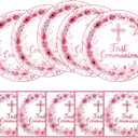 First Communion Decorations Cross Floral Paper Plates and Napkins Set, 9 Inch Disposable Baptism Plates and Napkins, Christening Decorations Primera Comunion Decoracion Party Supplies