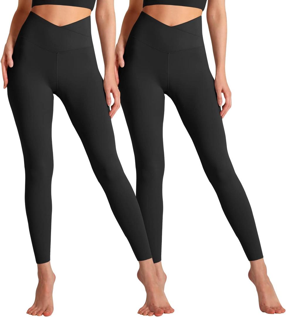 Hmuuo 2 Pack Leggings for Women Cross Waist No See-Through Tummy Control Yoga Pants Workout Running Legging XL