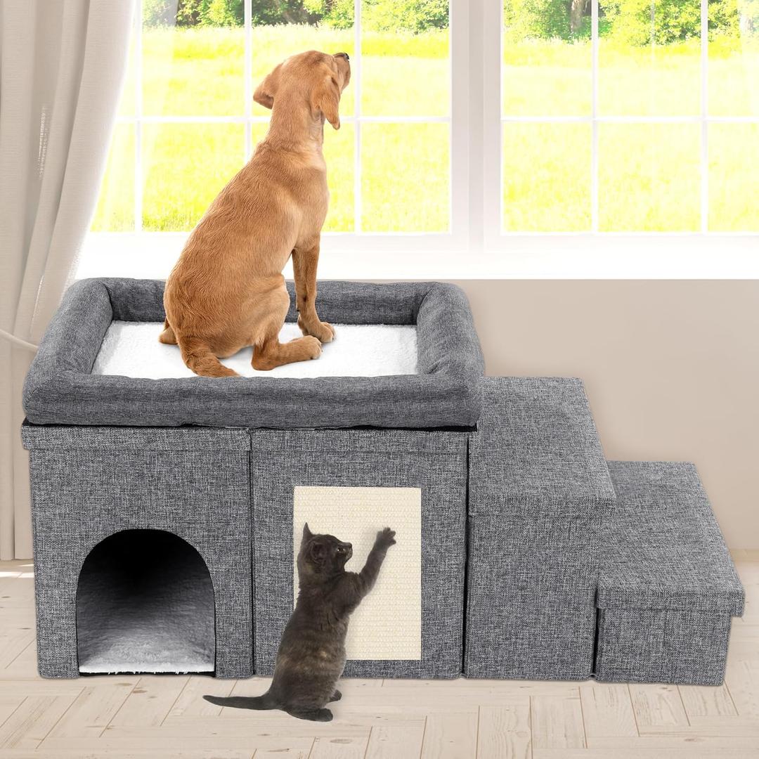 MABOZOO Window Perch, 3 Tiers 18''H Bedside Bed Stairs With Level Platform and Storage, Foldable Pet Stairs for Bed and Couch, Steps for Small, Medium, Large Dog, Cat or Pets